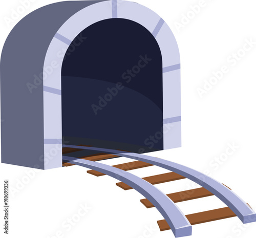 Cartoon railroad track disappearing into a dark tunnel, evoking mystery and adventure