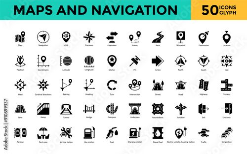 Maps and Navigation icon set with map, navigation, gps, compass, directions, route, path, waypoint, destination, location icon. Simple glyph vector 
