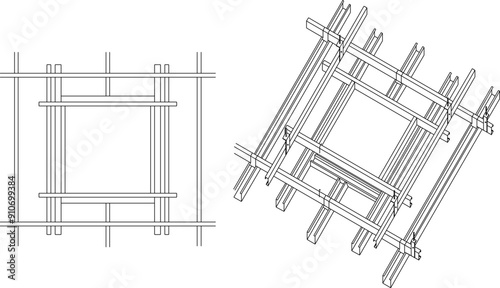 Vector sketch illustration of silhouette image of architectural engineering design for roof ceiling covering construction