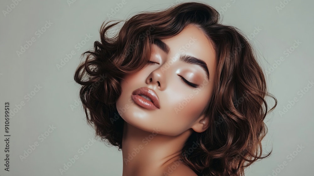 Naklejka premium Beautiful model girl with short wavy hair Beauty smiling woman with curly hairstyle dye Fashion cosmetics and makeup closed eyes : Generative AI