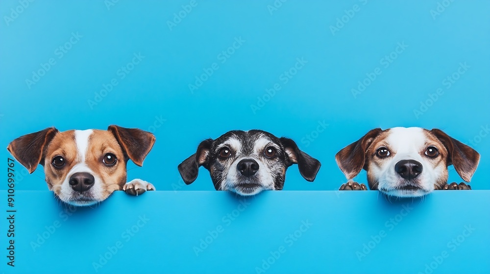 Banner Closeup three hide dogs head Isolated on blue background : Generative AI Banner Closeup three hide dogs head Isolated on blue background : Generative AI