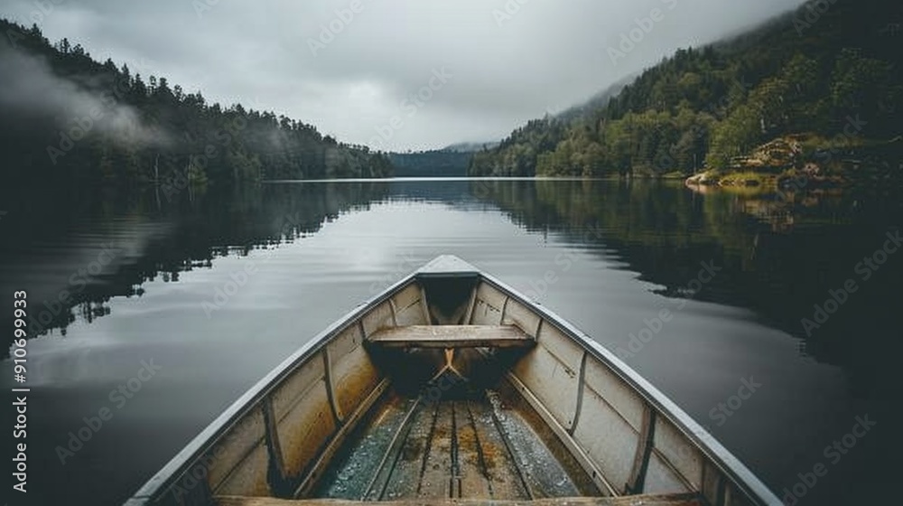 A peaceful boat ride on a calm lake, water gently lapping against the sides A peaceful boat ride on a calm lake, water gently lapping against the sides