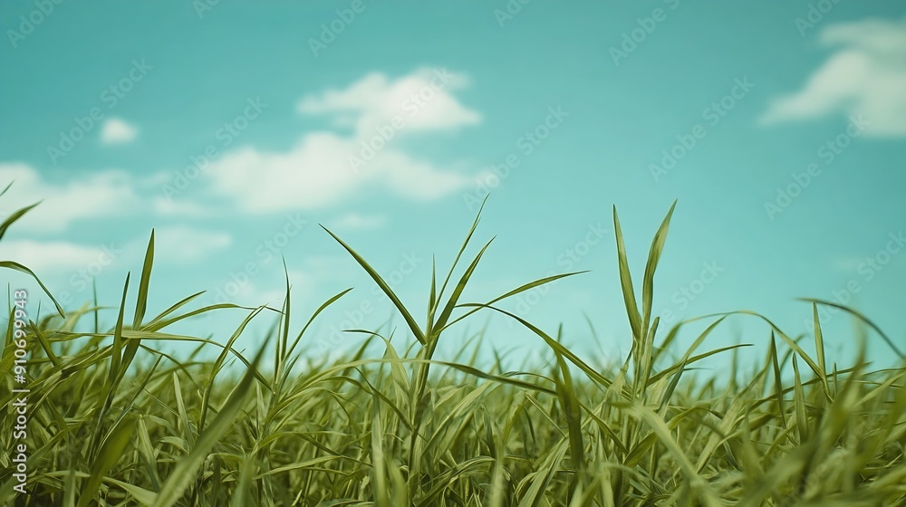 Obraz premium Landscape view of green grass field with blue skybackground : Generative AI