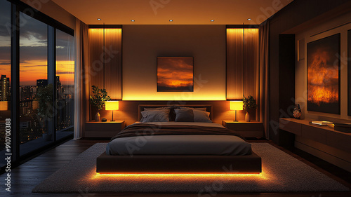 Cozy bedroom with modern furniture and soft lighting, high resolution wide-angle interior view photo