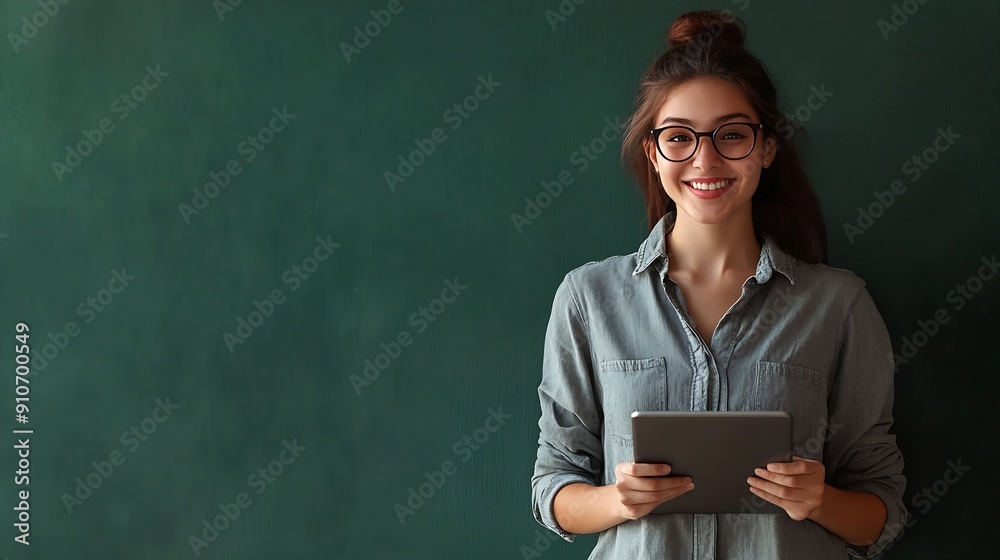 Young smiling smart IT teacher woman wear grey casual shirt glasses use digital tablet pc computer isolated on green wall chalk blackboard background studio Education in high school co : Generative AI Young smiling smart IT teacher woman wear grey casual shirt glasses use digital tablet pc computer isolated on green wall chalk blackboard background studio Education in high school co : Generative AI