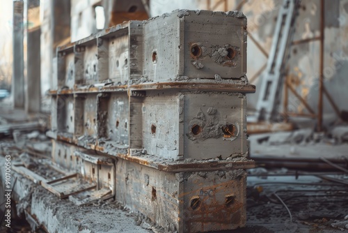 Abandoned Construction: Formwork for Foundation with Concrete Blocks and Background of Destruction