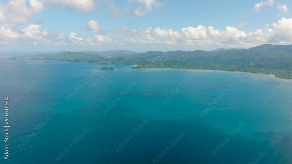 Drone view of beaches in El Nido, Palawan. Blue sky and clouds. Philippines.