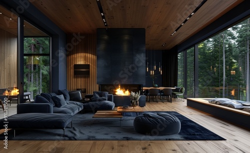 Modern Living Room with Fireplace and Forest Views photo