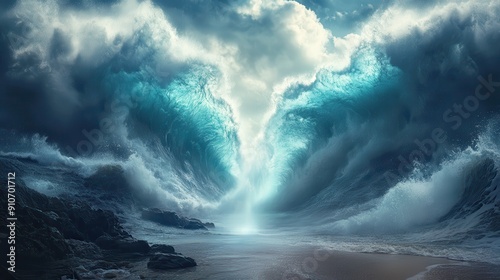 Massive ocean waves dramatically part under a turbulent, stormy sky, creating a powerful and awe-inspiring scene reminiscent of a natural miracle. photo