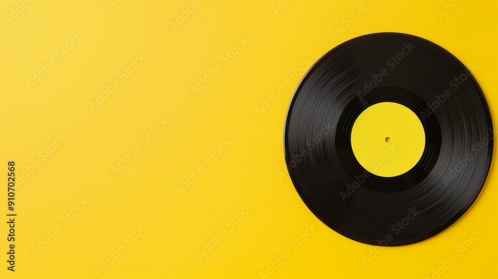 Smooth yellow backdrop with a vinyl record and empty labeld Smooth yellow backdrop with a vinyl record and empty labeld