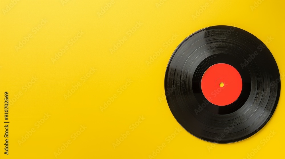 Bright yellow surface featuring a vinyl record with clear spaced Bright yellow surface featuring a vinyl record with clear spaced