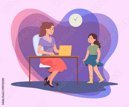 Cartoon teacher and schoolgirl using laptop in classroom. Woman sitting at desk, girl standing nearby flat vector illustration. Education, school concept for banner
