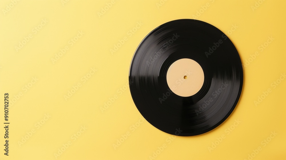 A vinyl record with a minimalistic label, placed in the center of a pastel yellow background. The background is smooth and even, with ample copy space. 
