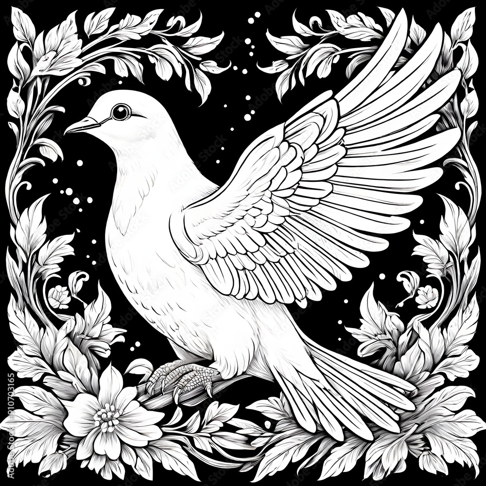 Fototapeta premium Black and White Dove Illustration with Leaf Background