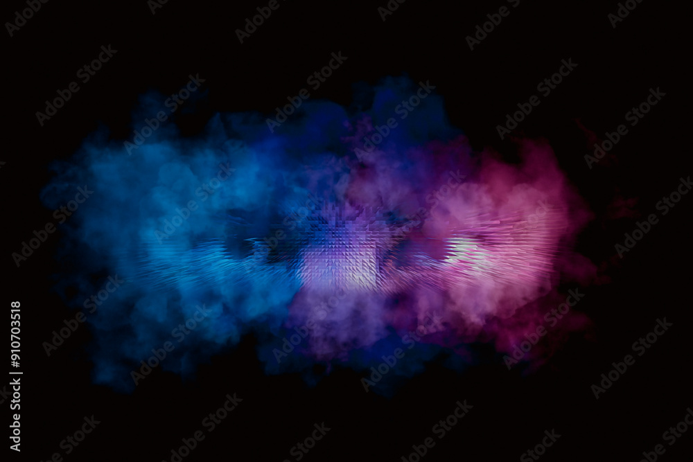 Fototapeta premium Eyes staring out of the smog. cyberpunk color blue and pink on a black background. Abstract background