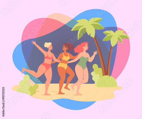 Happy body positive woman on beach flat vector illustration. Beautiful plus size models in bikini. Girls walking along seashore. Summer, vacation, leisure activity concept