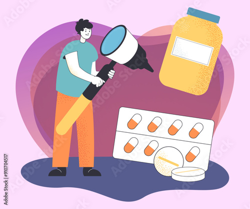 Male doctor in uniform with huge otoscope flat vector illustration. Medicine, pills, medical instrument flat vector illustration. Health, otology or otolaryngology concept for banner or landing page