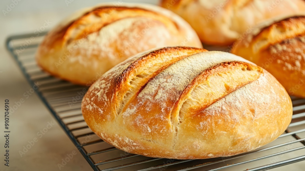 Freshly baked artisan bread rolls cooling on a wire rack, showcasing a golden crust and inviting texture. Freshly baked artisan bread rolls cooling on a wire rack, showcasing a golden crust and inviting texture.