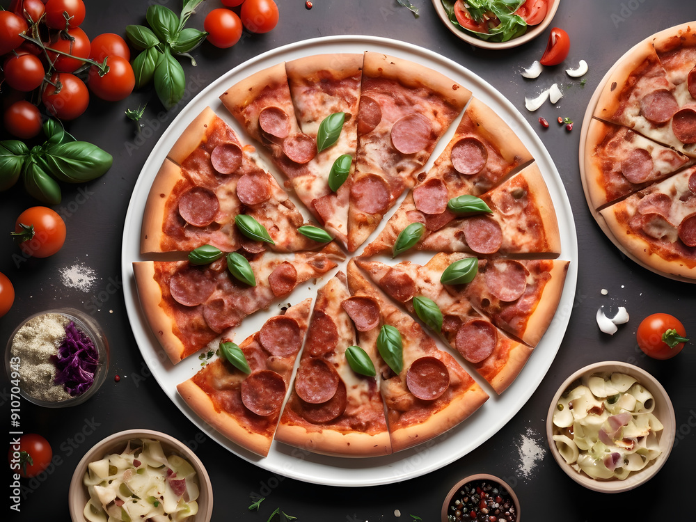 tasty delicious plate of pizza with salami and tomatoes top view tasty delicious plate of pizza with salami and tomatoes top view
