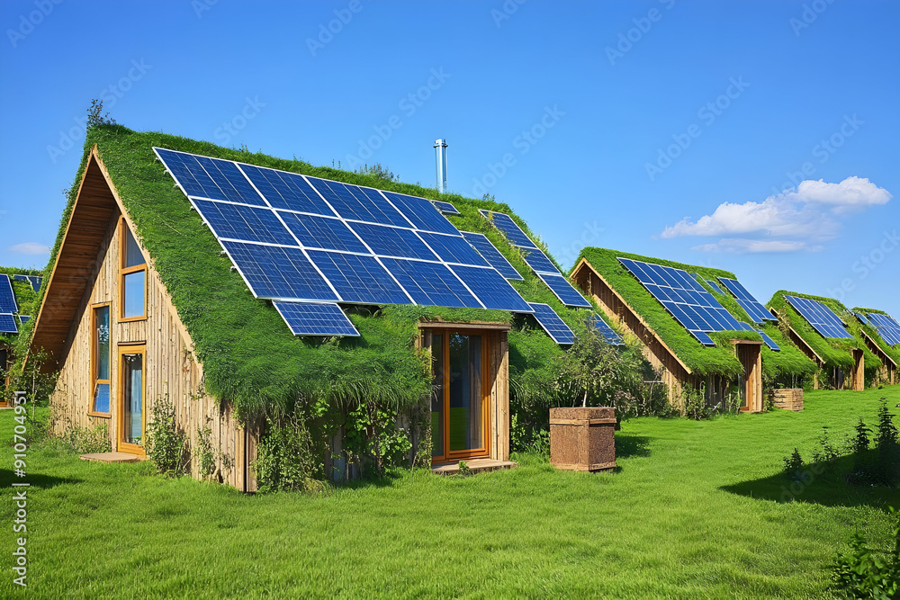 Eco-friendly houses with solar panels and green roofs, showcasing sustainable architecture in a sunny landscape.