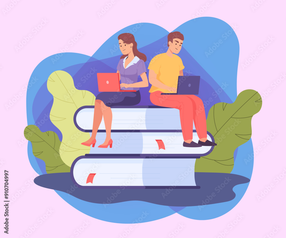 Man and woman sitting on huge books and studying on laptops. Two people or couple of students doing research together flat vector illustration. Education, knowledge concept for banner, website design Man and woman sitting on huge books and studying on laptops. Two people or couple of students doing research together flat vector illustration. Education, knowledge concept for banner, website design
