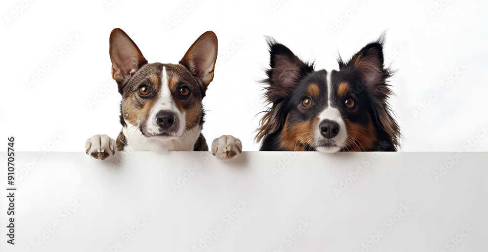 Two adorable dogs with expressive faces peeking over a white surface, showcasing their playful and curious nature. Two adorable dogs with expressive faces peeking over a white surface, showcasing their playful and curious nature.