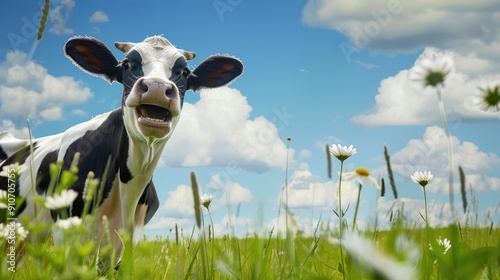 A Happy Cow Smiling in a Field of Daisies