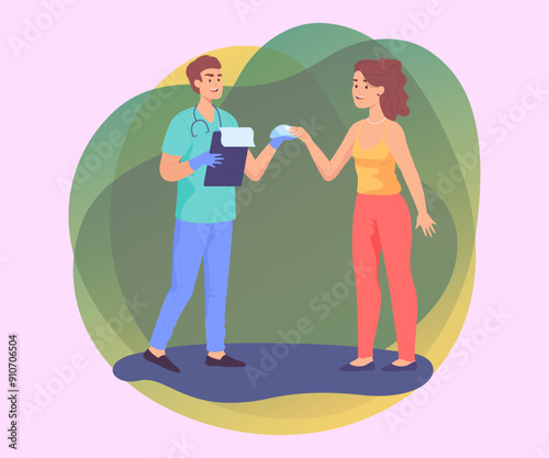 Woman consulting breast augmentation with surgeon. Implant surgeon and patient talking about plastic operation in clinic room flat vector illustration. Hospital, mammoplasty, beauty concept