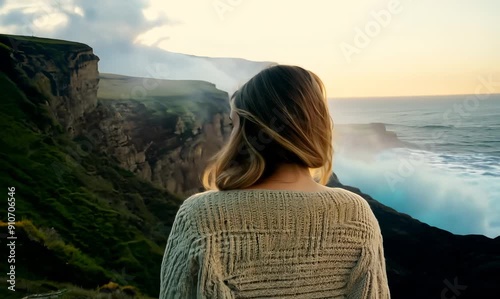 Beautiful blonde woman in a warm sweater on the cliffs of the Faroe Islands.