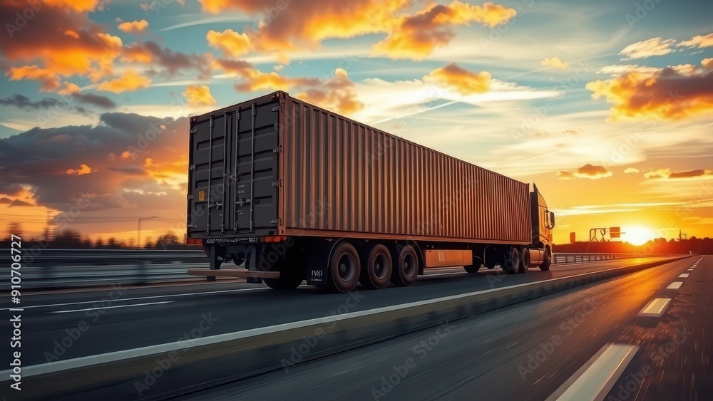 Cargo Truck with Container Driving on a Highway at Sunset Under a Golden Sky Cargo Truck with Container Driving on a Highway at Sunset Under a Golden Sky