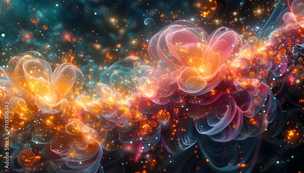 Abstract swirling shapes with glowing lights and a dark background Abstract swirling shapes with glowing lights and a dark background