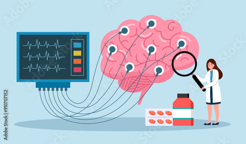 Scientist study human brain and psychology. Doctor neurologist character examine huge organ and diagnosis controlled pills treatment. Neurology disease diagnostics. Treating headache, migraine.