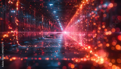 A futuristic, glowing corridor with red and blue lights