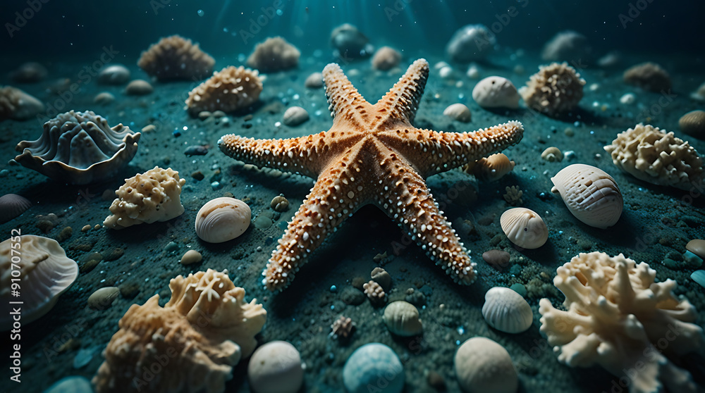 Star Shell Ocean An Artistic Composition Featuring a Single Large Sea Star and a Variety ...