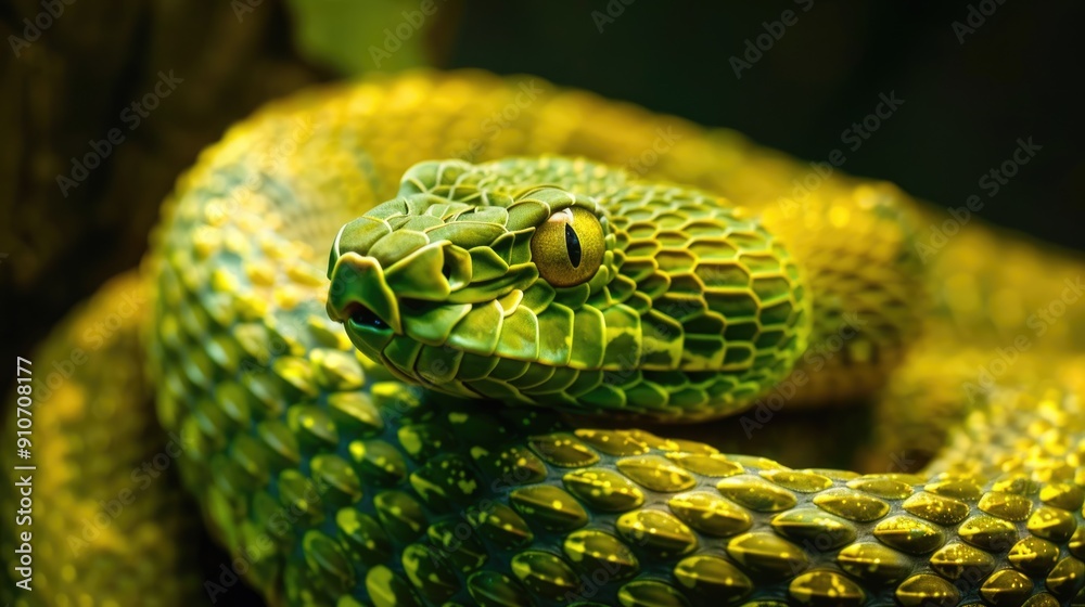 Obraz premium A vibrant green snake with a mesmerizing yellow eye watches intently, its scales shimmering in the soft light