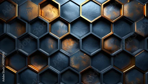 Obraz  z motywem A pattern of gold and black hexagons