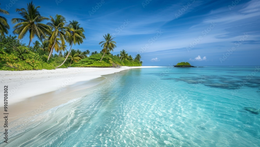 Fototapeta premium Tropical Beach with Palm Trees and Crystal Clear Water