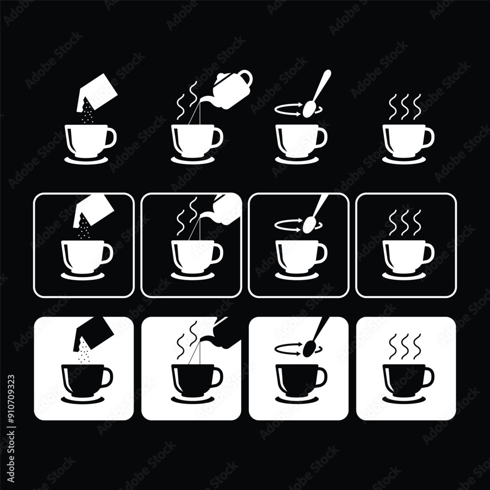 Obraz premium set of infograsphic brewing instant powder for drink instruction such as collagen, instant tea, cocoa, coffee, milk, outline design vector illustration