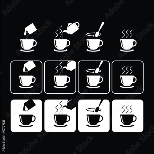 set of infograsphic brewing instant powder for drink instruction such as collagen, instant tea, cocoa, coffee, milk, outline design vector illustration