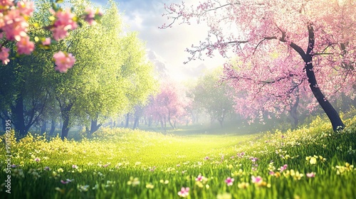 Springtime Serenity: A breathtaking scene of blooming cherry blossoms amidst a lush meadow, bathed in the warm glow of the sun, evokes a sense of tranquility and renewal. 