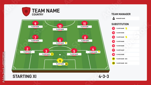 Football or soccer match starting lineups formation 433 and field infographic. Set of football player positions on soccer field. Football kit with soccer jersey icons in flat design.