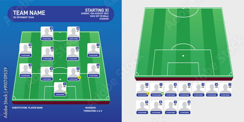 Football team formation blue kit template. World Soccer or football field with 11 avatar with numbers vector illustration. soccer starting lineup
