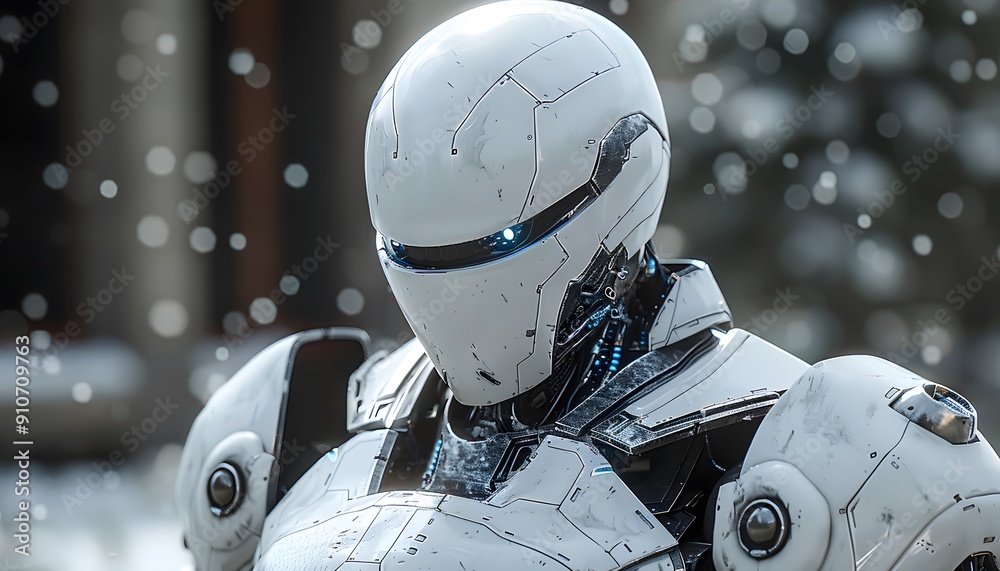 A white robot with a futuristic helmet standing in the snow A white robot with a futuristic helmet standing in the snow