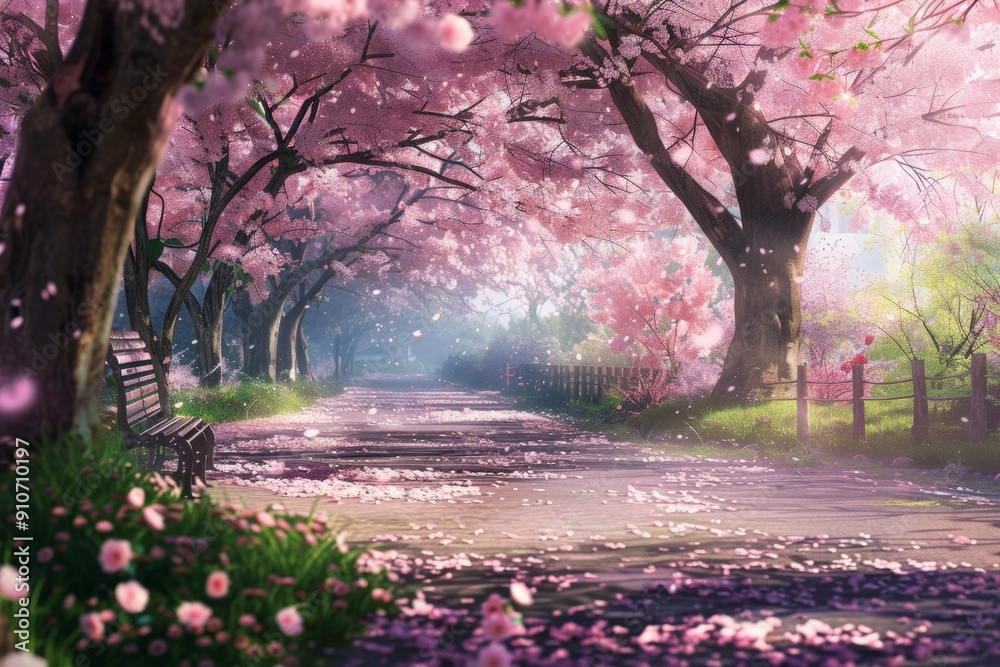 A serene pathway adorned with blooming cherry blossom trees bathed in soft sunlight A serene pathway adorned with blooming cherry blossom trees bathed in soft sunlight