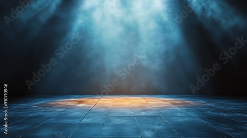  A dark room with a concrete floor and a spotlight. Suitable for dramatic or mysterious themed designs  theater and event promotion  and creative storytelling visuals. empty dark blue room 