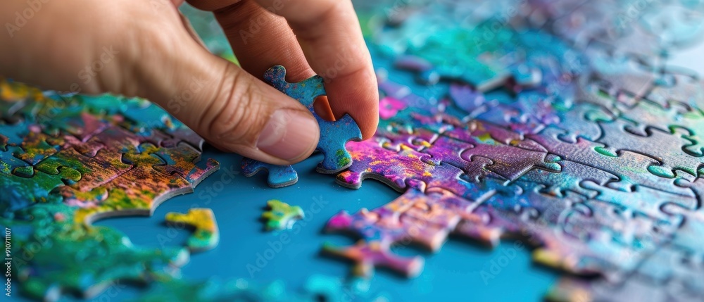 Completing the Puzzle - Hands Placing Last Jigsaw Piece on Colorful Puzzle Completing the Puzzle - Hands Placing Last Jigsaw Piece on Colorful Puzzle