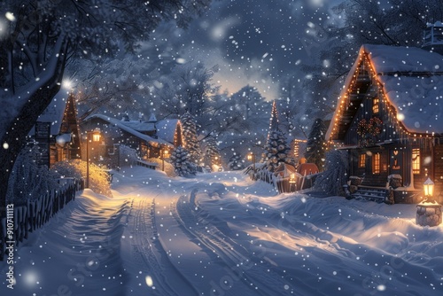 A Serene Snow Covered Village at Night with Twinkling Lights and Gently Falling Snowflakes