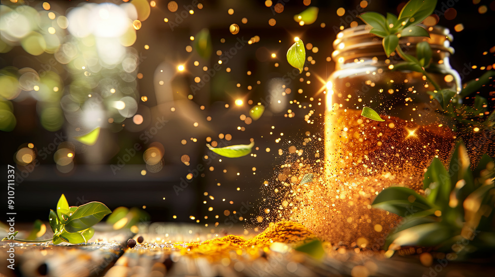 Magic spices turmeric pepper and herbs fly up from the table with bright sunlight background for food culinary spice concept Magic spices turmeric pepper and herbs fly up from the table with bright sunlight background for food culinary spice concept