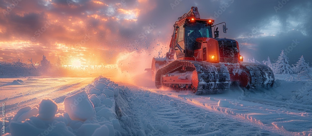 Snowplow Machine Clearing a Snowy Path at Sunset Snowplow Machine Clearing a Snowy Path at Sunset