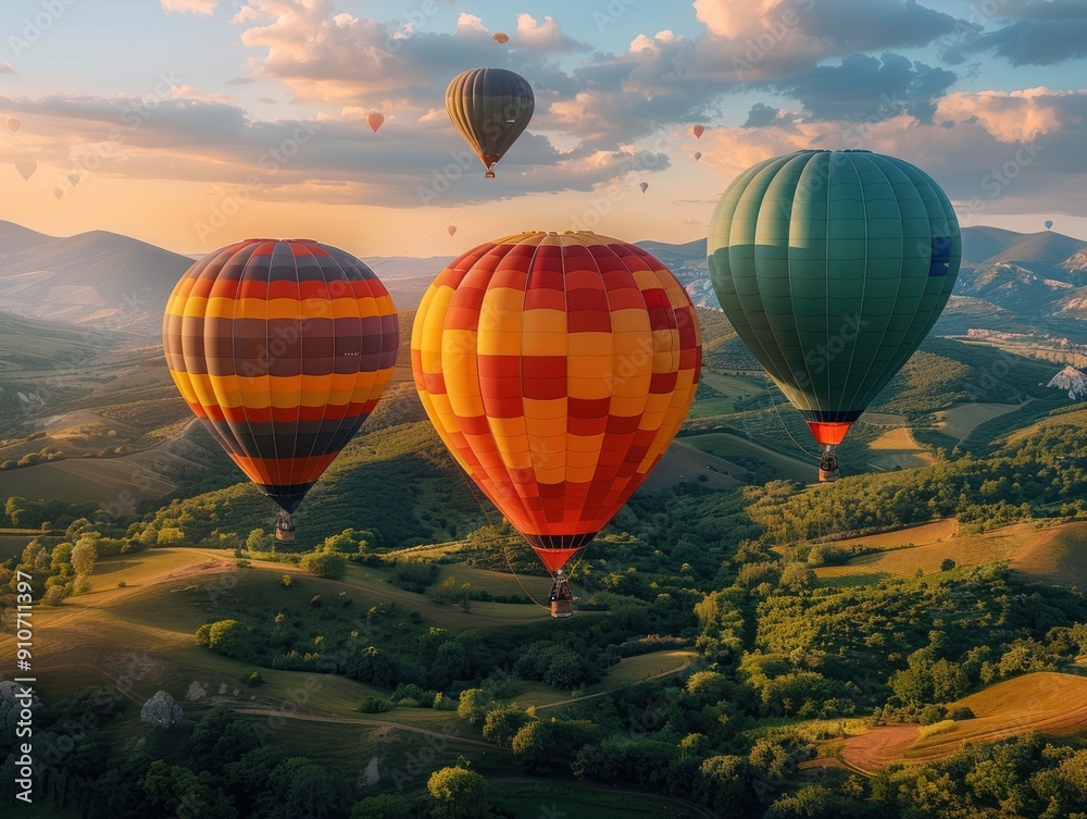Fototapeta premium Hot Air Balloons Soaring Over Lush Green Landscape